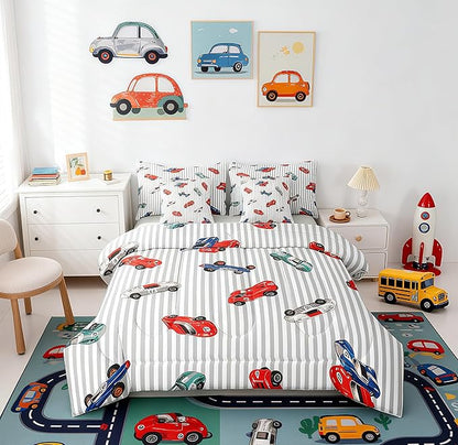 Feelyou Race Car 7 Piece Bedding Set Queen Size Cartoon Cute Car Comforter Set with Sheets for Kids Boys Girls Speed Sports Bed in a Bag Extreme Sports Bed Set Soft Lightweight