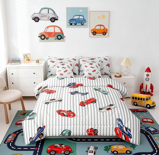 Feelyou Race Car 7 Piece Bedding Set King Size Cartoon Cute Car Comforter Set with Sheets for Kids Boys Girls Speed Sports Bed in a Bag Extreme Sports Bed Set Soft Lightweight