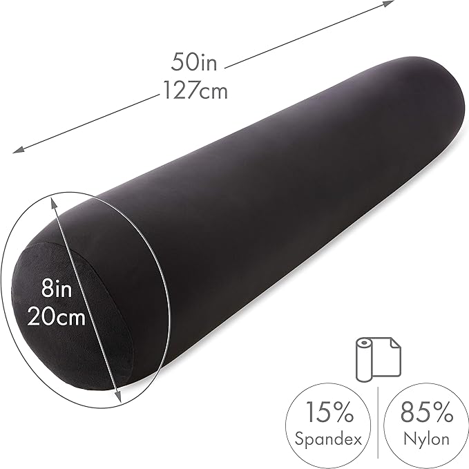 Straight Body Pillow, Full Size Premium Microbead,Side Sleeping/Maternity Pregnant Women, Supportive,Fluffy, Breathable, Cooling, 85/15 Spandex/Nylon Silky Feel Anti-Aging - 48 X 8 - Black