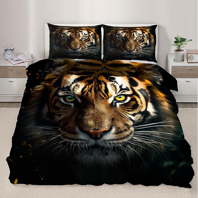 Tiger Duvet Cover King Size, African Tiger Bedding Set 3 Piece Bedroom Decor Tropical Wild Animal Comforter Cover and 2 Pillow Sham with Zipper Closure