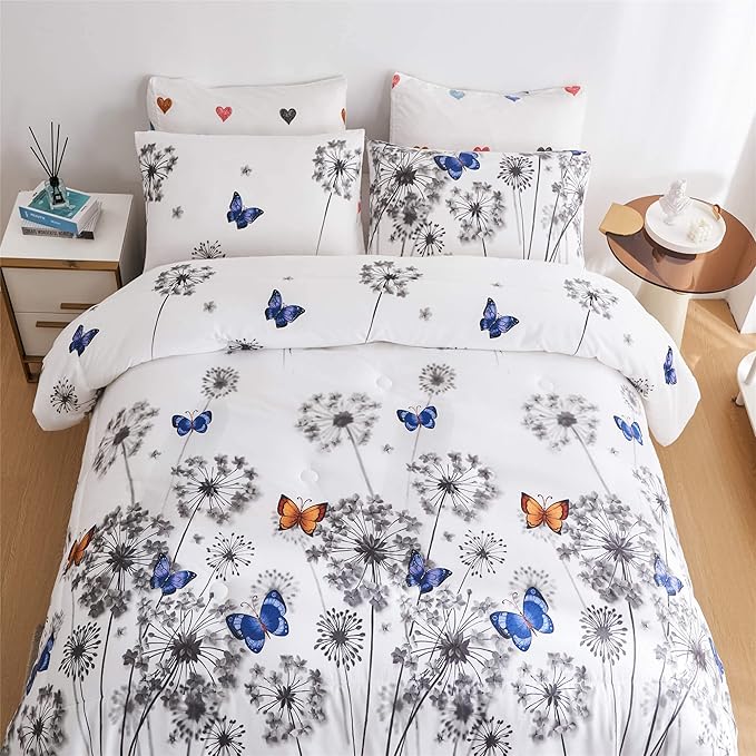 Reversible Queen Comforter Set, Bed in a Bag Queen 7 Pieces, Floral Butterfly Hearts Bedding Set, Soft Microfiber Grey Dandelion on White Bed Set with Comforter, Sheets and Pillowcases