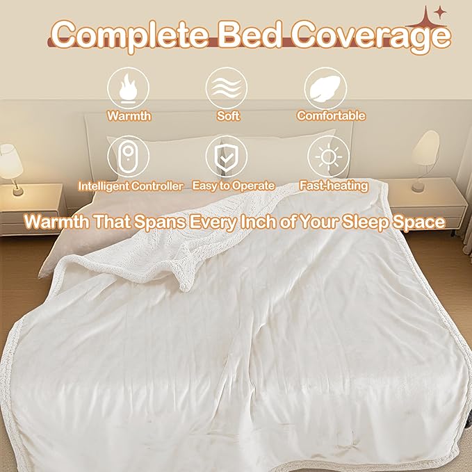 Heated Blanket Full Size Electric Blanket 72" x 84" with 5 Levels Heating & 10Hs Auto Off, Silky Microplush Flannel & Warm Sherpa Fabric, Machine Washable, Great Christmas Birthday Gifts, White