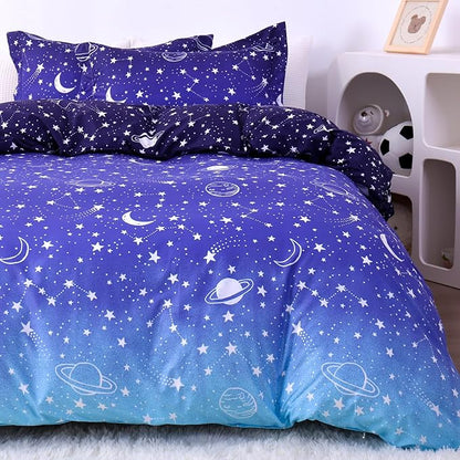 JSD Blue Stars Kids Duvet Cover Set Queen Size, 3 Piece Boys Space Theme Microfiber Comforter Cover with Pillow Shams Zipper Closure, Comforter Not Included