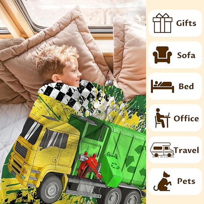 Boys Blanket Gifts Personalized Garbage Truck Blankets for Kids Teens Adults - 60" x 80" Custom Name Cool Car Themed Soft Lightweight Flannel Throws for Couch, Sofa, Bedroom Decor