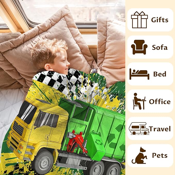 Personalized Blanket for Boys, Garbage Truck Throw Blanket Gifts for Kids Teens, 50"x60" Cool Custom Flannel Blankets Gift for Son Cars Lovers Lightweight Throws for Couch Sofa Bed Decor