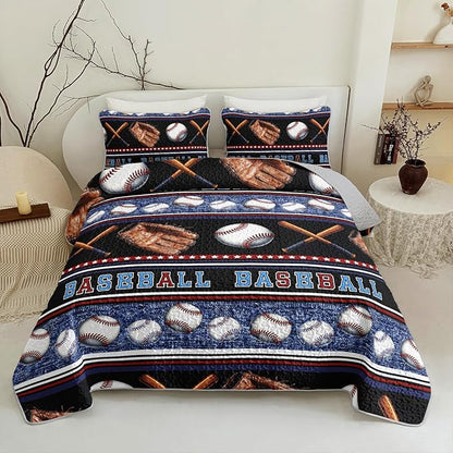 QOOMO Baseball Quilt Set King Size,Sports Games Bedspread Coverlet Set,Sports 3Pcs Bedding Set Printed Quilt with 2 Pillowcases,Soft and Lightweight,for All Seasons
