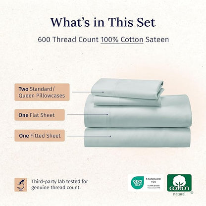 CALIFORNIA DESIGN DEN 5-Star Hotel 600 Thread Count 100% Cotton Sheets Set - Soft & Smooth Queen Sheet for Bed with Deep Pockets, Quality Beats Egyptian Cotton Sheets and Pillowcases (Seafoam)