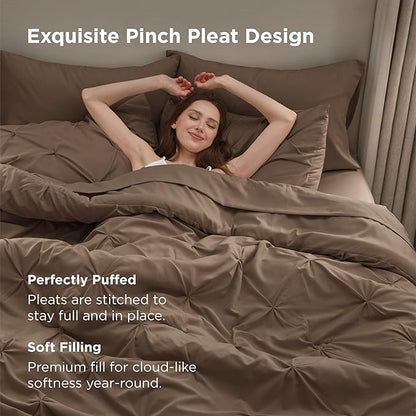 Bedsure Twin Comforter Set Brown - Bed in a Bag Twin Size Bedding 5 Pieces, GentleSoft™ Pintuck Bed Set Gift for Family, Pinch Pleat Brown Comforter with Sheets, Pillowcase & Sham