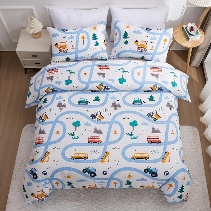 Car Kids Comforter Set Twin Size, 3 Piece Printed Microfiber Comforter with 2 Pillowcases, Lightweight Fun Boys Twin Bedding Set for All Season Washable Easy Care