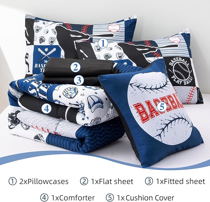 A Nice Night Sports Geometric Grid Black Patchwork Baseball Printed for Boys Full 6Pcs Bed in A Bag Comforter Bedding Set,Blue