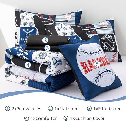 A Nice Night Sports Geometric Grid Black Patchwork Baseball Printed for Boys Full 6Pcs Bed in A Bag Comforter Bedding Set,Blue