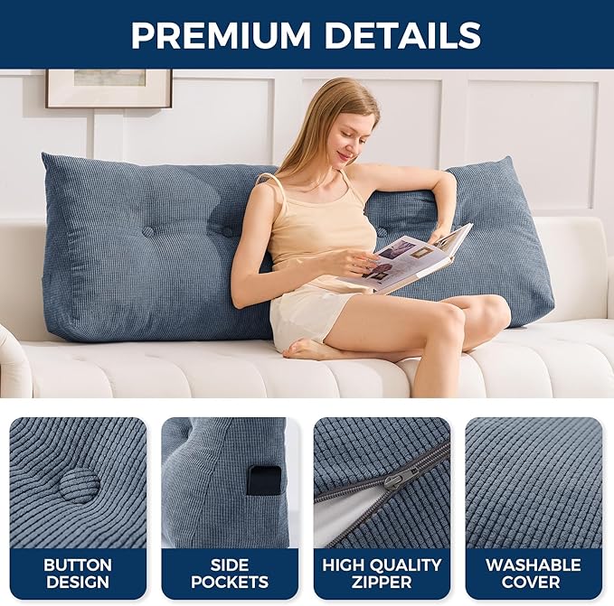 Headboard Pillow Twin, Triangle Pillows for Headboard, Head Board Backrest Wedge Pillow for Reading Sitting Working, Daybed Pillows with Removable Cover for Bed Dorm Sofa, Navy Blue