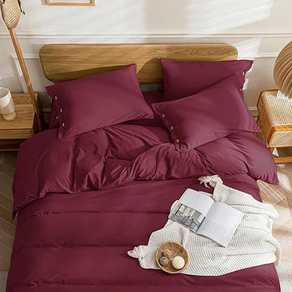 JELLYMONI Cotton Duvet Cover Twin Size - Burgundy Comforter Cover with Button 100% Washed Cotton 2PCS Breathable Soft Solid Bedding Set Duvet Cover 68×90in & 1 Pillowcase (NO Comforter)