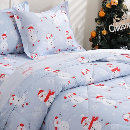 JSD Blue Snowman Kids Comforter Set Queen Size, 3 PC Christmas Winter Printed Microfiber Bedding Set for Boys Girls Teens
