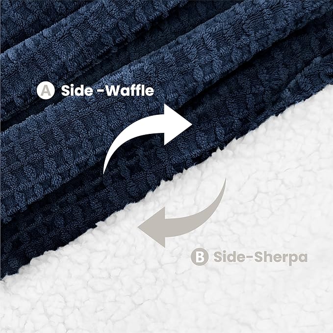 Heated Blanket Electric Blanket King Waffle,90x100 Inches Sherpa Fleece Fast Heating Blanket 6 Heating Levels & 10 Hours Auto Off ETL Certification, Navy King
