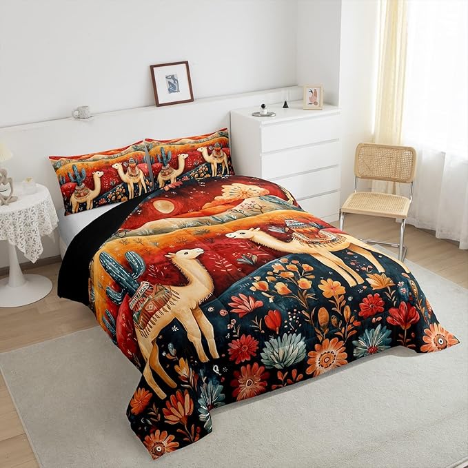Castle Fairy Desert Alpaca Bedding Set Twin Size Bohemia Rustic Exotic Comforter Set for Kids Teens Room Decor Western Tribal Style Floral Duvet Insert Galaxy Sky Down Comforter Set,2Pcs