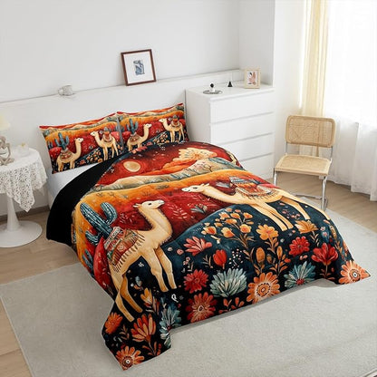 Castle Fairy Desert Alpaca Bedding Set Queen Size Bohemia Rustic Exotic Comforter Set for Kids Teens Room Decor Western Tribal Style Floral Duvet Insert Galaxy Sky Down Comforter Set,3Pcs