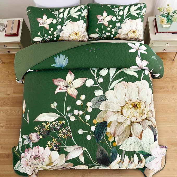 Drucon Floral Quilt King Size - 3 Pieces Green Quilt Botanical Bedspread Soft Lightweight Flower Bedding Set for All Season (104"x90")