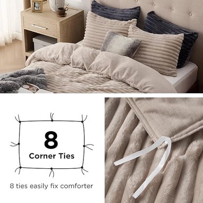 Bedsure Fluffy Duvet Cover Set - Ultra Soft Plush Shaggy Comforter Cover Queen Size, Warm Flannel Fleece Bed Sets for Winter, 3 Pieces (Striped Pattern, Khaki)