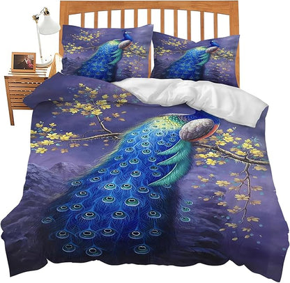 Peacock Theme 3 Pieces Duvet Cover Comforter Set with 2 Pillowcase Full Size Purple Peacock Bed Sheet Quilt Bedroom Bedding for Lover Kids