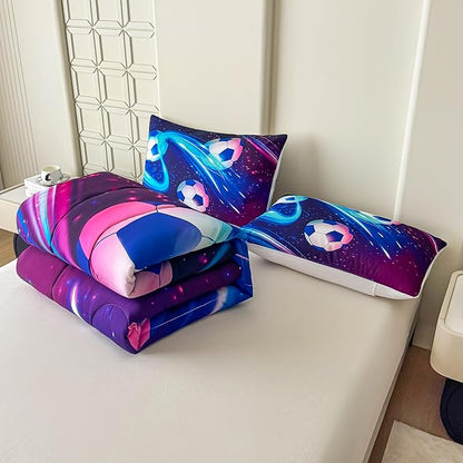 Peopleareok Soccer Comforter Set Full(79x90 Inch), 3D Printed Purple Galaxy Soccer Theme Comforter, Sports Football Bedding, 3 Pieces Soft Microfiber Football Bedding Set for Boys with 2 Pillowcases