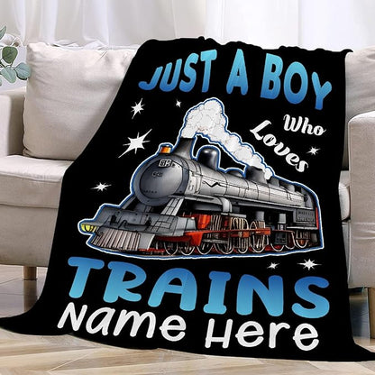 Boy Who Loves Trains Blanket Custom Train Blankets for Boys Men Flannel Cozy Quilt Gift for Train Lovers for Beding Sofa Couch-80x60 Inches