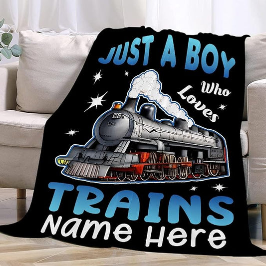 Boy Who Loves Trains Blanket Custom Train Blankets for Boys Men Flannel Cozy Quilt Gift for Train Lovers for Beding Sofa Couch-80x60 Inches