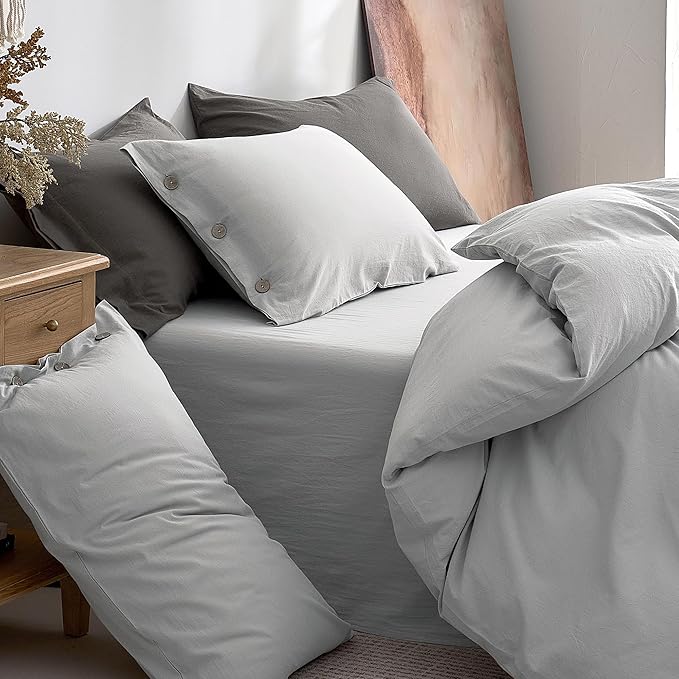 JELLYMONI 100% Washed Cotton Duvet Cover Queen – Soft, Breathable Linen-Look Bedding with Natural Wrinkle Texture, Button Closure, 3-Piece Set (Pale Grey, 90"x90")