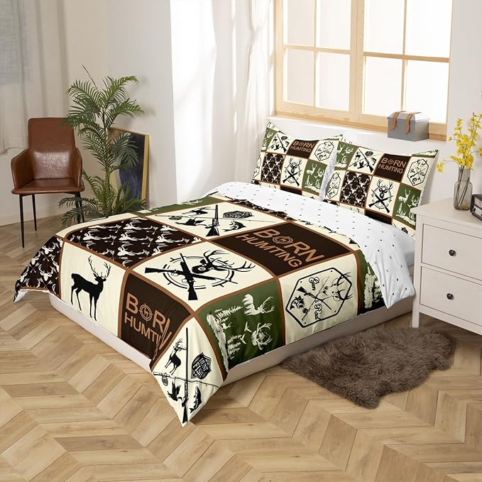 Castle Fairy Hunting Deer Antler Full Size Duvet Cover Set,Fishing Arrow Wild Animal Comforter Cover with 2 Pillowcases,3pcs,Green Geometric Plaid Polyester Bed Spread for Boys Teens Bedroom Decor