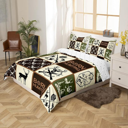 Castle Fairy Hunting Deer Antler Full Size Duvet Cover Set,Fishing Arrow Wild Animal Comforter Cover with 2 Pillowcases,3pcs,Green Geometric Plaid Polyester Bed Spread for Boys Teens Bedroom Decor