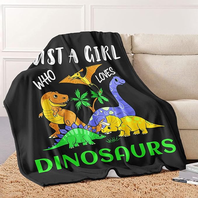 Dino Lover Blanket, Just A Girl Who Loves Dinosaurs Blanket, Soft Warm Cozy Fleece Throw, Gifts for Girls Women Kids, 50"x60", Black