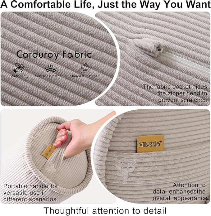 Long Round Body Pillow for Adults – Corduroy Cervical Roll Bolster Pillow, Firm Support for Spine Alignment & Side Sleeping,59 x 7.87 Inches,Beige Gray