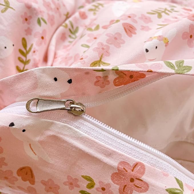 BuLuTu 100% Cotton Kids Girls Duvet Cover Queen Cute Rabbit Floral Bedding Duvet Cover Set for Child Teens Cartoon Bunny Pink Comforter Cover with 2 Pillow Shams Bedroom Decor Bed Sets 3 Pc, Zipped