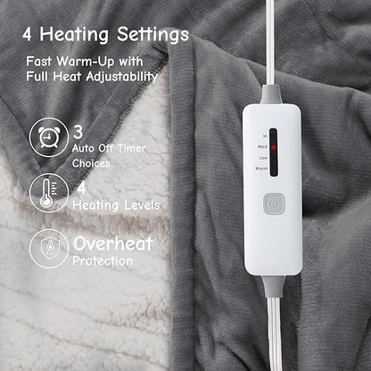 Electric Heated Blanket Throw 50"x60", Soft Flannel Sherpa Heating Throw with 4 Heat Settings, 3-Hour Auto Shut-Off Timer, Grey