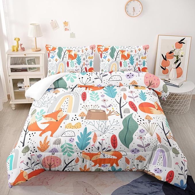Fox Bedding Comforter Set Full Size for Kids Teens Cute Cartoon Forest Fox Printed Quilt Set for Bedroom Soft Microfiber All Season Print Quilt Set with 1 Comforter and 2 Pillowcases