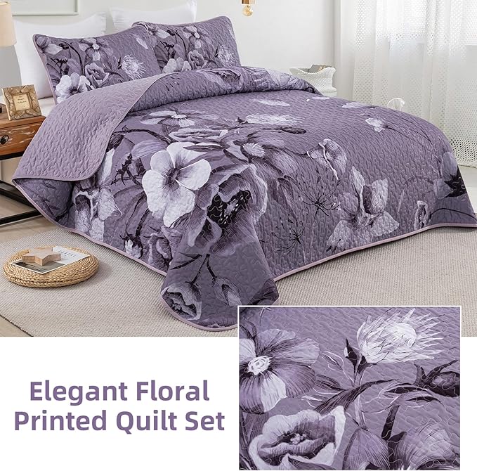Floral Quilt Set Queen 3 Pieces Dark Purple Boho Flower Quilt Coverlet Set Soft Microfiber Lightweight Floral Quilted Bedspread with 2 Pillow Shams for All Season 90"x96"
