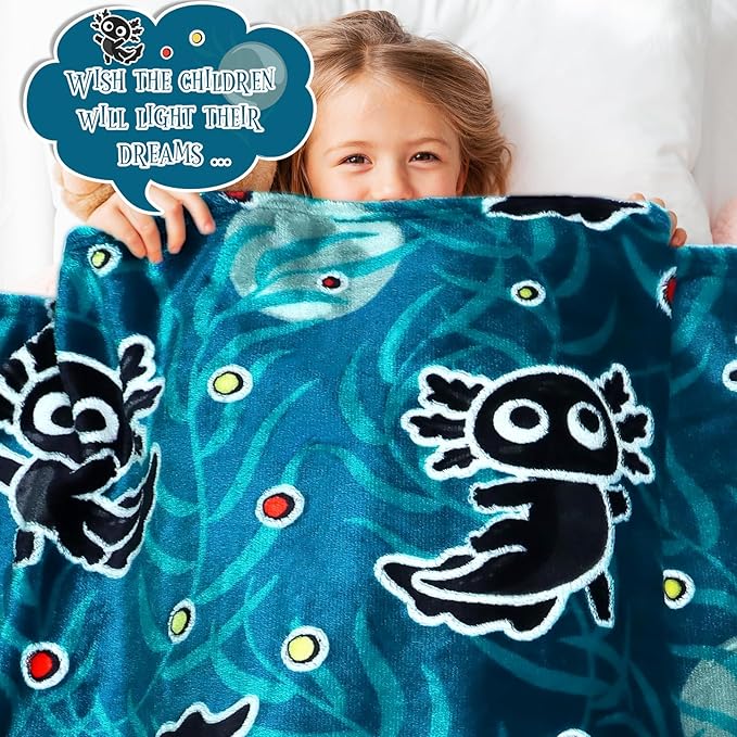 BORORO Twin Size Axolotl Throw Blanket for Bed & Couch - Glow in The Dark Blankets Black Axolotl Gifts for Boys & Women, Lightweight Blue Soft Salamander Throw for Bedroom Decor 60x80 inches