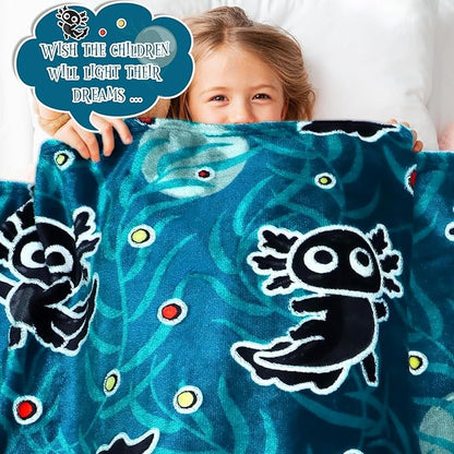 BORORO Glow in The Dark Axolotl Blanket - Black Axolotl Gifts Toys for Kids Boys Ages 3-12 Years Old Birthday, Lightweight Blue Soft Salamander Throw Blanket for Bed Couch Bedroom Decor 50x60 inches