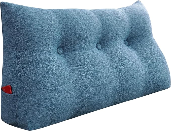 8 lbs Thickened Twin Headboard Pillow Wedge College Dorm Bed Pillow for Backrest Reading Triangular Pillow with Side Pocket for Sitting in Bed, Dorm Bedding Essentials for Girls & Boys Blue