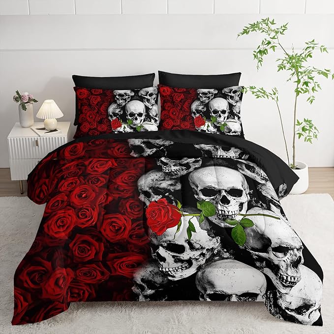 Black Skull Comforter Set 7 Piece Twin Size Bed in A Bag,Goth Bedding for Room Decor,Soft Western Comforter Boho Hippie Bedding with Fitted Sheet,Flat Sheet, Pillowcases & Shams