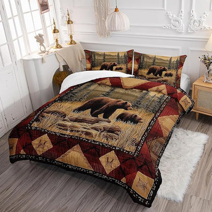 Rustic Bear Wild Hunt Animal Comforter 3Pcs Twin Natural Forest Wildlife Brown Bear Bedding Set for Kid Teen Boy Girl Adult Retro Mountain Lake Quilt Decor with 1 Comforter and 2 Pillowcases