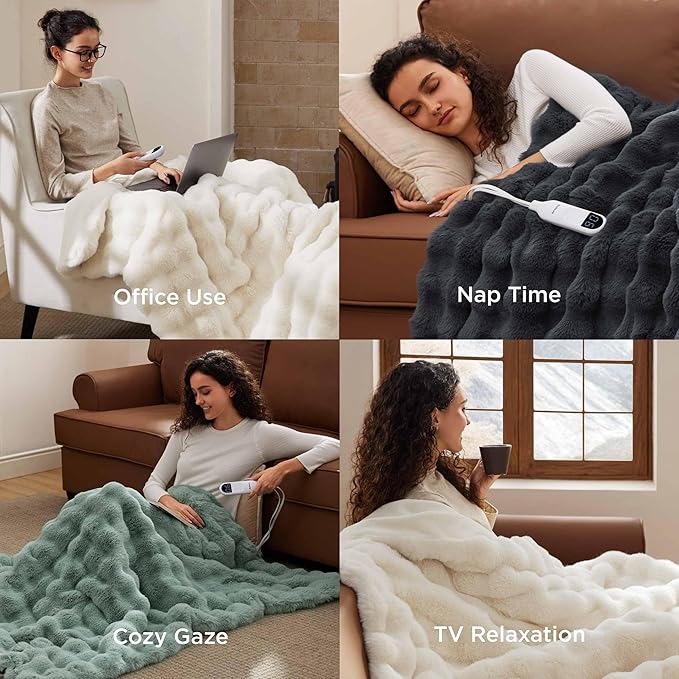 Bedsure Fluffy Bubble Faux Fur Heated Blanket Throw - Super Soft Electric Blanket, Heating with 6 Heating Levels, 4 Time Settings, 3-Hour Auto-Off, Decor Gifts for Home, Green, 50x60 inches