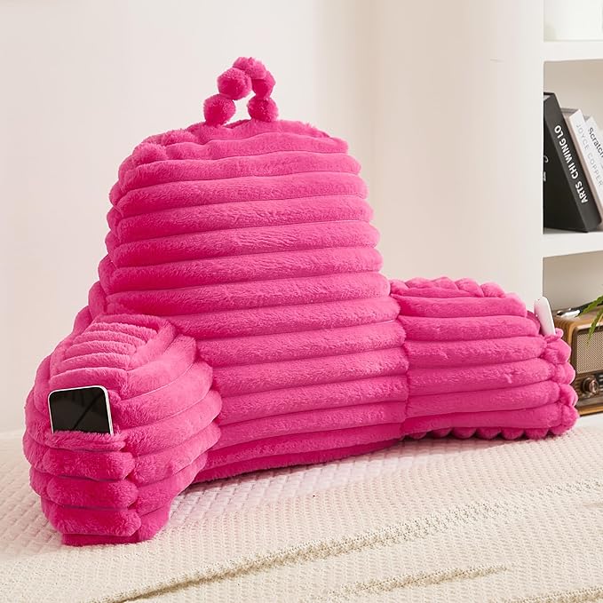 Faux Fur Fluffy Hot Pink Reading Pillow with Pockets, Luxury Striped Plush Decorative, Arm Rests and Back Support for Bed Rest, Lounging on Sofa, Extra Large Size for Adult.