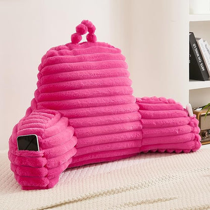 Faux Fur Fluffy Hot Pink Reading Pillow with Pockets, Luxury Striped Plush Decorative, Arm Rests and Back Support for Bed Rest, Lounging on Sofa, Extra Large Size for Adult.