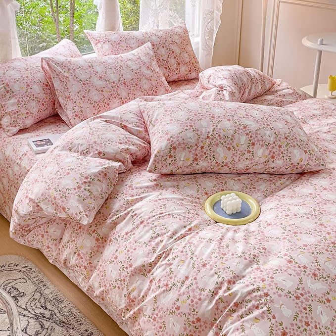 BuLuTu Flowers Rabbit Pattern Pink Duvet Cover Twin, Cute Bunny Duvet Cover for Girls Toddlers Kids 100% Cotton Bedding Set, Animal Twin Comforter Cover 2 Pillow Shams, Zipper Closure