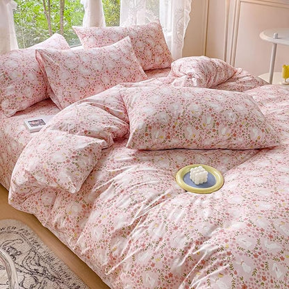 BuLuTu 100% Cotton Kids Girls Duvet Cover Queen Cute Rabbit Floral Bedding Duvet Cover Set for Child Teens Cartoon Bunny Pink Comforter Cover with 2 Pillow Shams Bedroom Decor Bed Sets 3 Pc, Zipped