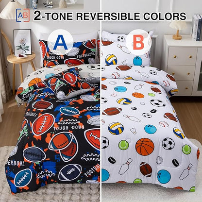 A Nice Night 6Pcs Bed in A Bag Twin Sports Comforter Set, Camouflage Patterns of Rugby Bedding Collections,for Boys Kids Teen,Red Black