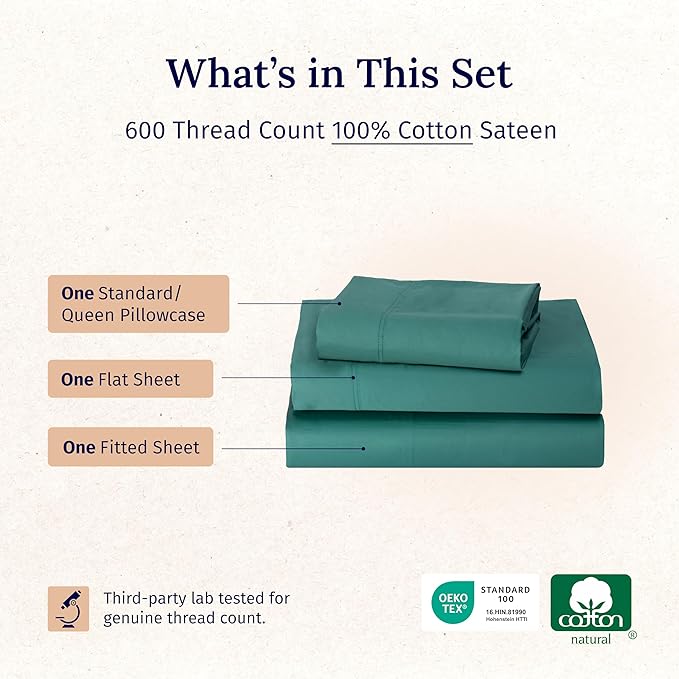 California Design Den Cooling Sheets Twin Size Set - Luxury 600 Thread Count 100% Cotton, Sateen Weave, Deep Pocket Twin Cotton Sheets Sets, Hotel Quality Bedding,Cool Sheets for Hot Sleepers - Teal