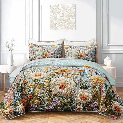 QOOMO Flower Quilt Set Twin Size,Floral Bedspread Coverlet Set,Embroidered Flower 3Pcs Bedding Set Printed Quilt with 2 Pillowcases,Soft and Lightweight,for All Seasons