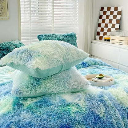 Wajade Faux Fur Plush Tie Dye Blue Green Comforter Set Fluffy Fuzzy Shaggy Bedding Set - 3PC Full/Queen Microfiber Soft Warm Quilt Set